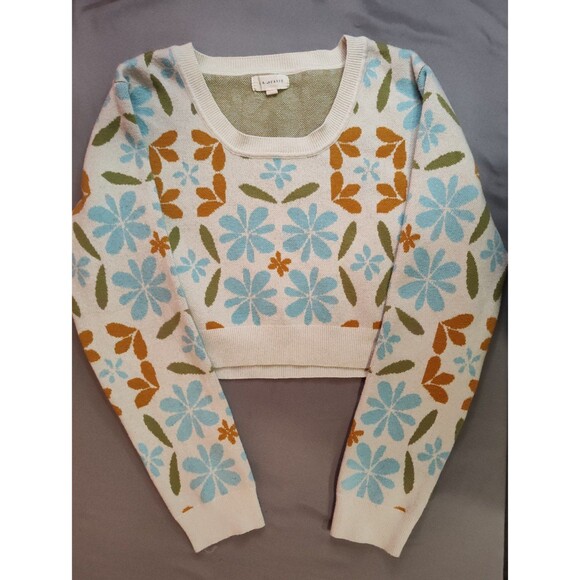 PacSun LA Heart Women's Floral Lazy Day Cropped Sweater Medium Cream Blue Orange - Picture 2 of 6